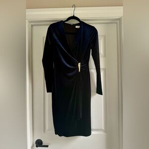 Calvin Klein Navy Velvet Long Sleeve Dress with Gold Detailing Size 4